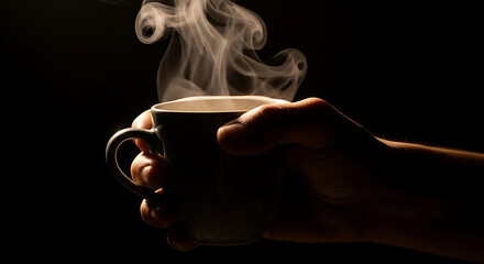Black coffee or hot tea mug on a cafe table with white steam and a dark aroma, a morning beverage for breakfast