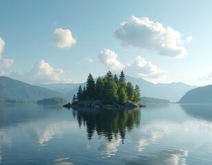Calm lake water reflects island forest and distant hazy mountains under bright blue sky with fluffy clouds. Peaceful nature scene evokes serenity.