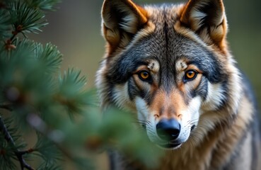 Fototapeta premium Close up of a gray wolf face with bright orange eyes peering from behind green pine branches. The wild mammal has detailed fur texture and a watchful expression in its natural forest habitat.