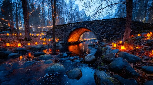 Enchanting Night Scene with Illuminated Arch Bridge and Lanterns Reflecting in a Serene Stream.