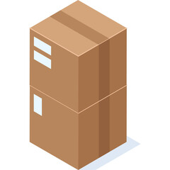 Two stacked brown cardboard shipping boxes in isometric perspective casting a subtle blue shadow on a light blue surface with a transparent background ideal for logistics and delivery concepts