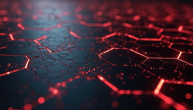Abstract network of glowing red hexagons on dark background. Digital grid with connections and nodes. Futuristic tech pattern for science and data.