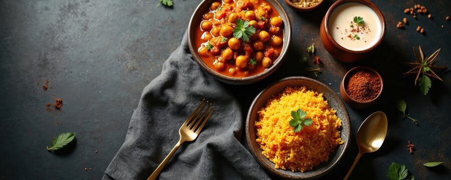 Indian chana masala chickpea curry with rice pulao and lassi drink. Spiced food served in bowls with parsley garnish and golden cutlery. Rich cuisine prepared for meal.