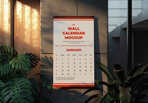 Vertical Wall Calendar Mockup Hanging on a Concrete Wall with Green Plant