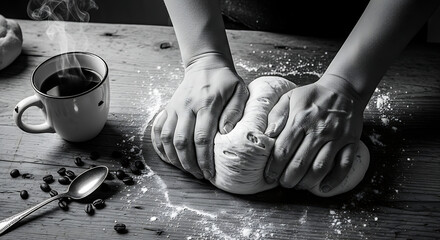 Woman's hands kneading homemade bread dough with flour on a kitchen table warm, rolling, pin, bowl, butter, egg, yeast with coffee drinks 
