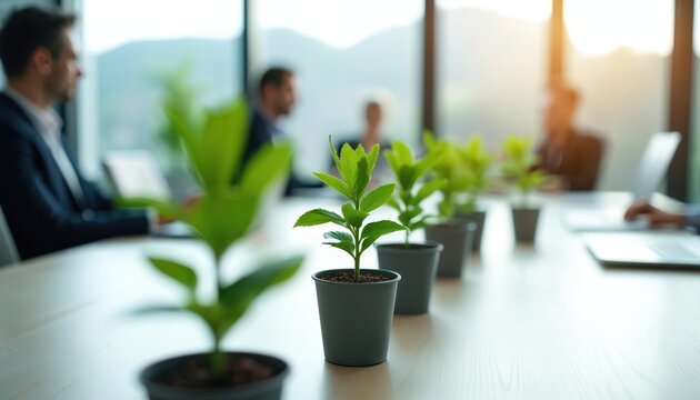 Business people meet around table with potted plants. Team discusses eco friendly strategy for investment. Future growth concept with green startup and sustainability planning.