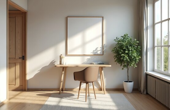 Modern home office interior with blank canvas on wall. Empty frame mockup above desk with chair and houseplant near window. Minimalist home design workspace in beige tone with sun light.