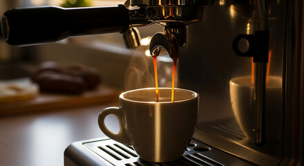 Hot espresso machine pouring black coffee into a white cup for a morning cafe drink stainless, steel, liquid, warm, energy, wake, up, routine, home, shop, tool, business, food