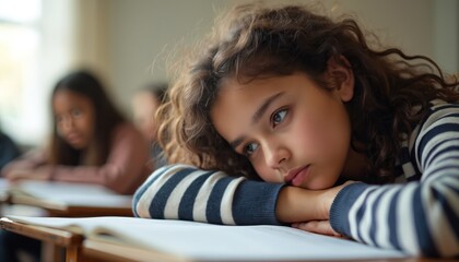 Girl rests head on desk during lesson. Student looks away, appearing bored and tired in classroom. Other kids also seem disengaged from schoolwork and studying.