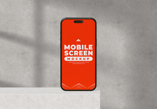Close-up Mobile Phone Screen Mockup Standing Alone on a White Surface