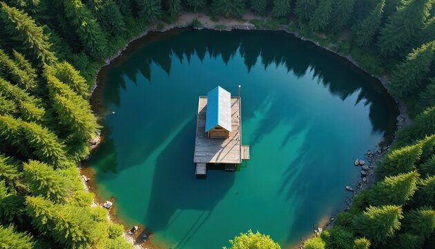 Aerial view of floating cabin on turquoise lake surrounded by green pine forest. Peaceful summer nature scenery shows calm water, trees, and a small wooden house on a pier. - Powered by Adobe