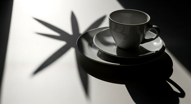 Black and white ceramic coffee cup and saucer with spoon on a cafe table for a hot morning espresso drink