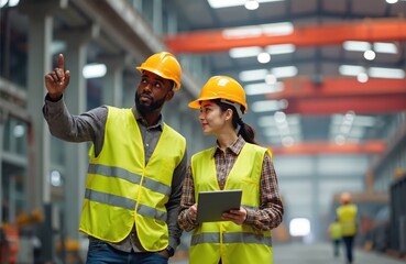 Man, woman wearing hard hats, safety vests inspect factory floor. Use tablet device for work, pointing at machinery for oversight. Diverse team collaborates on production, planning tasks. Industry