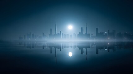 Futuristic Cityscape at Night with Reflective Water and Ethereal Glow.