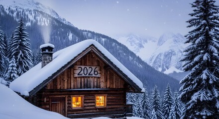 Cozy snow covered cabin in a winter mountain landscape