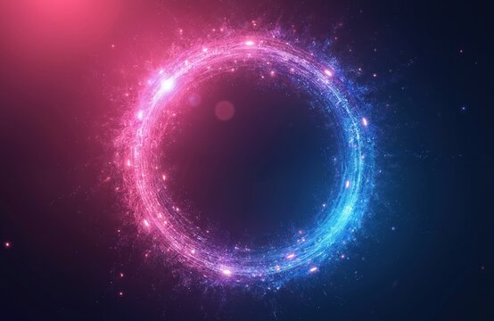 Abstract image showcases digital futuristic ring. Neon glowing circle with stars particles. Modern art design with blue pink color gradient and dark background.