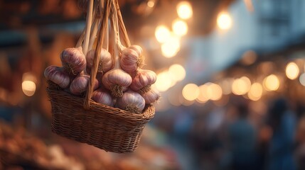Garlic bulbs in a woven basket hanging in a market with blurred lights.