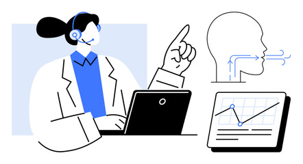 Medical specialist with headset at laptop, analyzing data while focusing on speech therapy. Ideal for telemedicine, speech research, health education, technology, data recording, digital assistance