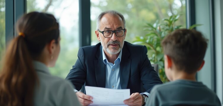 Mother and son attend school meeting with director. Man reviews paper with child and parent. Discussing childs progress, behavior, and academics in directors office.