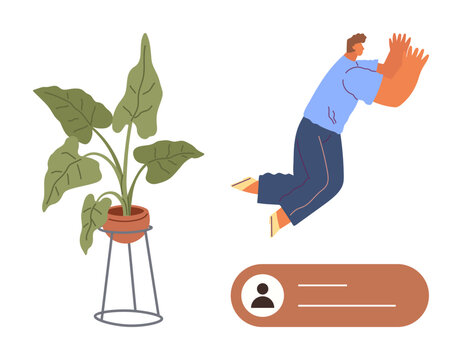 Person with large hands leaping dynamically, houseplant in a stand, and a profile user info panel. Ideal for creativity, identity, user experience, growth, characters, surreal concepts simple flat