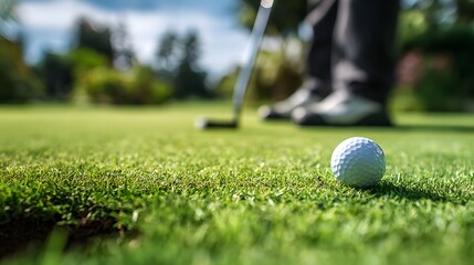 Golfer preparing to putt on a lush green golf course with a white golf ball in the foreground.