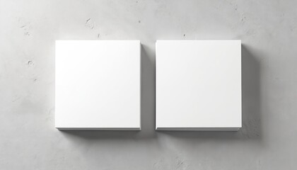 Two blank white square flyers or business cards lie on grey concrete surface. Clean design suggests modern branding and template use for print display marketing or corporate identity.