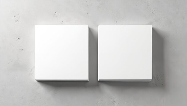Two blank white square flyers or business cards lie on grey concrete surface. Clean design suggests modern branding and template use for print display marketing or corporate identity.