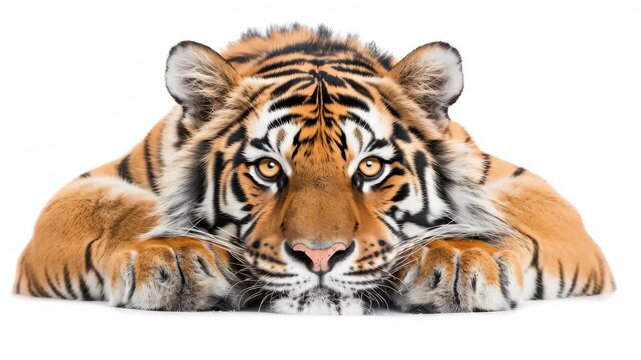 Majestic Gaze of a Tiger: An elegant tiger gazes directly at the viewer, its keen eyes revealing a sense of both power and serenity. Its striped coat shines under the light.