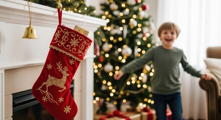 Excited Caucasian boy running to check red Christmas stocking hanging on fireplace mantel on holiday morning