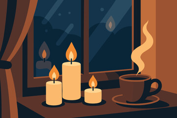 Serenity illustration interior cup quiet windowsill simple vector candles glass candlelit nearby
