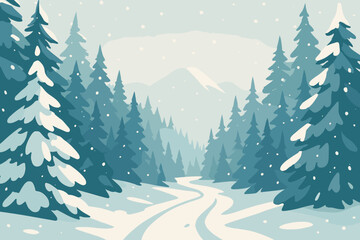 Illustration forest pathway falling snowy vector soft distant snow white frosted mountains