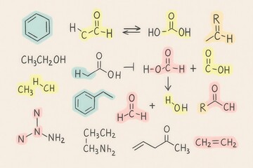 Chemical reaction mechanisms illustrated with molecular structures showcasing dynamic interactions and syntheses in organic chemistry embodying complexity and precision