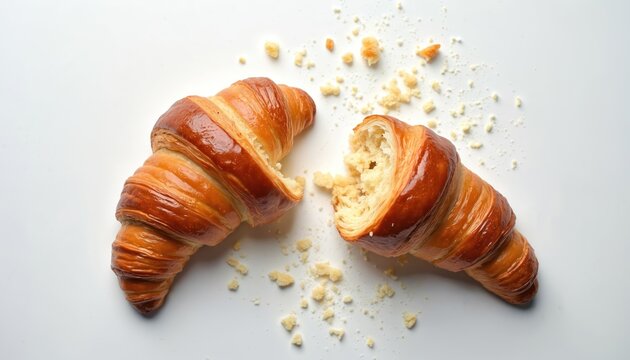 Two golden croissants break apart showing fluffy interior texture. Crumbles scatter on clean white surface, suggesting fresh baked goods ready for breakfast or snack. - Powered by Adobe
