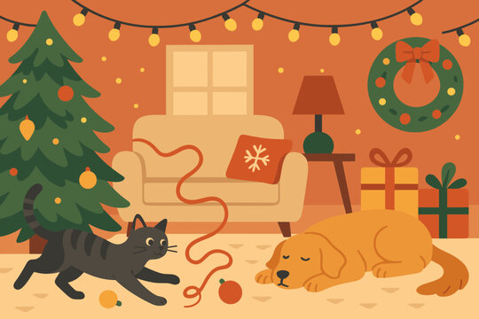 Around playing sofa pets festive joyful play illustration adding vector decorations ribbon