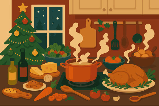 Steam preparations illustration celebration cooking kitchen cheerful counter pots vector festive rising