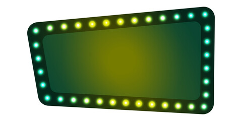 Obraz premium A blank marquee sign with illuminated lights isolated on transparent background. The sign has a gradient from green to yellow