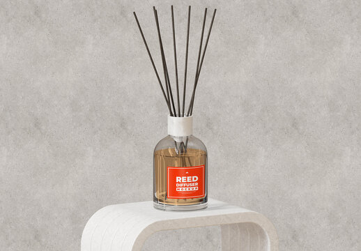 Glass Reed Diffuser Bottle Mockup with Custom Label on a Minimal Stand