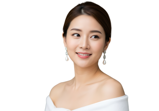 A young East Asian woman with flawless, glowing skin smiles warmly as she applies white cream to her cheek. Her neat brown hair, elegant earrings, and bare shoulders wrapped in a white towel create a 