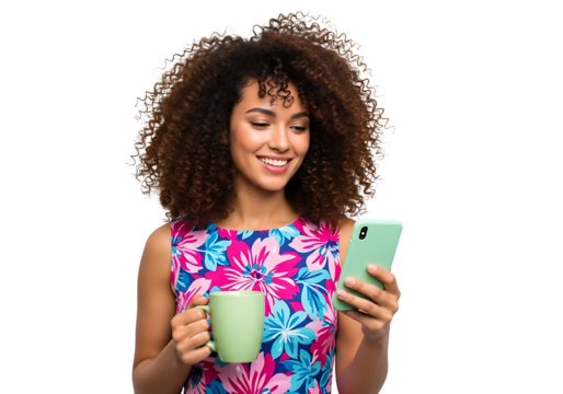 A stylish, cheerful woman with curly brown hair beams while holding a light green smartphone and matching mug. Dressed in a vibrant floral dress, she embodies a relaxed, modern morning routine, enjoyi