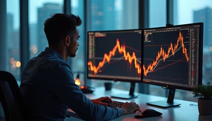 Man analyzes stock market charts on dual computer monitors in modern office at night. Graphs show rising trends and data for investment decisions. Businessman works late on financial data.