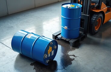 Spilled hazardous chemical from a damaged barrel on a warehouse floor. The leaked liquid created a puddle. Nearby another barrel on a pallet and a forklift. Environmental damage.