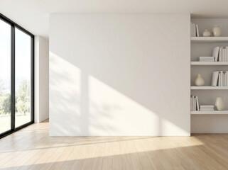 Obraz premium Blank white wall mockup in a bright, empty living room with sunlight and wood floors for interior design display