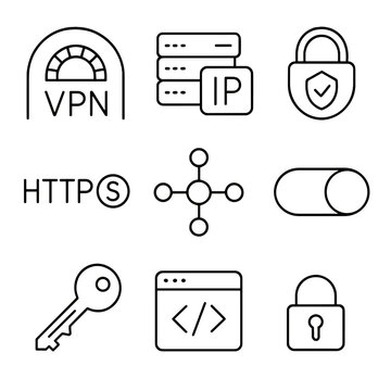 Cybersecurity icons: vpn, ip, https, and data protection symbols