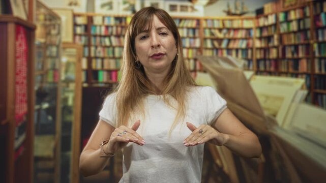 Woman with hands flat palms down over chest in a crowded library building surrounded by shelves of books, gesturing as if measuring a page height; quiet contemplation.