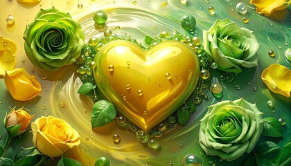 Perłowo żółte serce z zielonymi różami ułożone na tafli wody