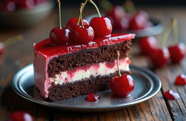 Rich chocolate cake slice topped with fresh cherries and glossy red glaze. Creamy white layer with cherries visible inside. Delicious dessert served on metal plate on rustic wooden table.