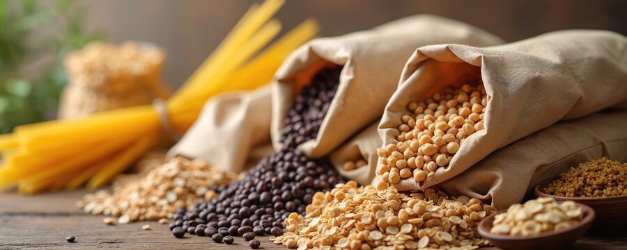 Natural brown paper bags spill raw grains legumes like lentils chickpeas oats. Spaghetti pasta bundle sits on rustic wood table. Healthy organic food assortment prepared for cooking.