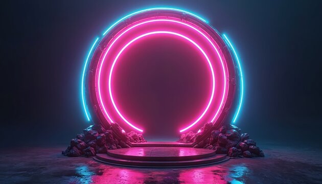 Circular neon portal with pink and blue lights glows intensely. Futuristic gateway sits on rocky platform, reflects on wet ground. Mysterious, abstract entrance invites adventure. - Powered by Adobe