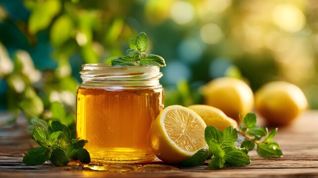 Jar of golden honey with fresh lemons and mint leaves on a rustic wooden table outdoors.