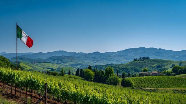 Italian Flag Waving Over Lush Vineyards and Rolling Hills in Tuscany.